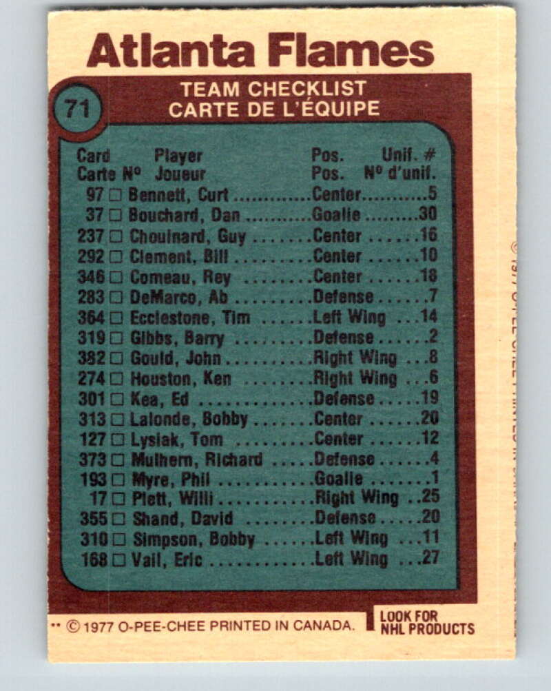 1977-78 O-Pee-Chee #71 Atlanta Flames Team Atlanta Flames V13407