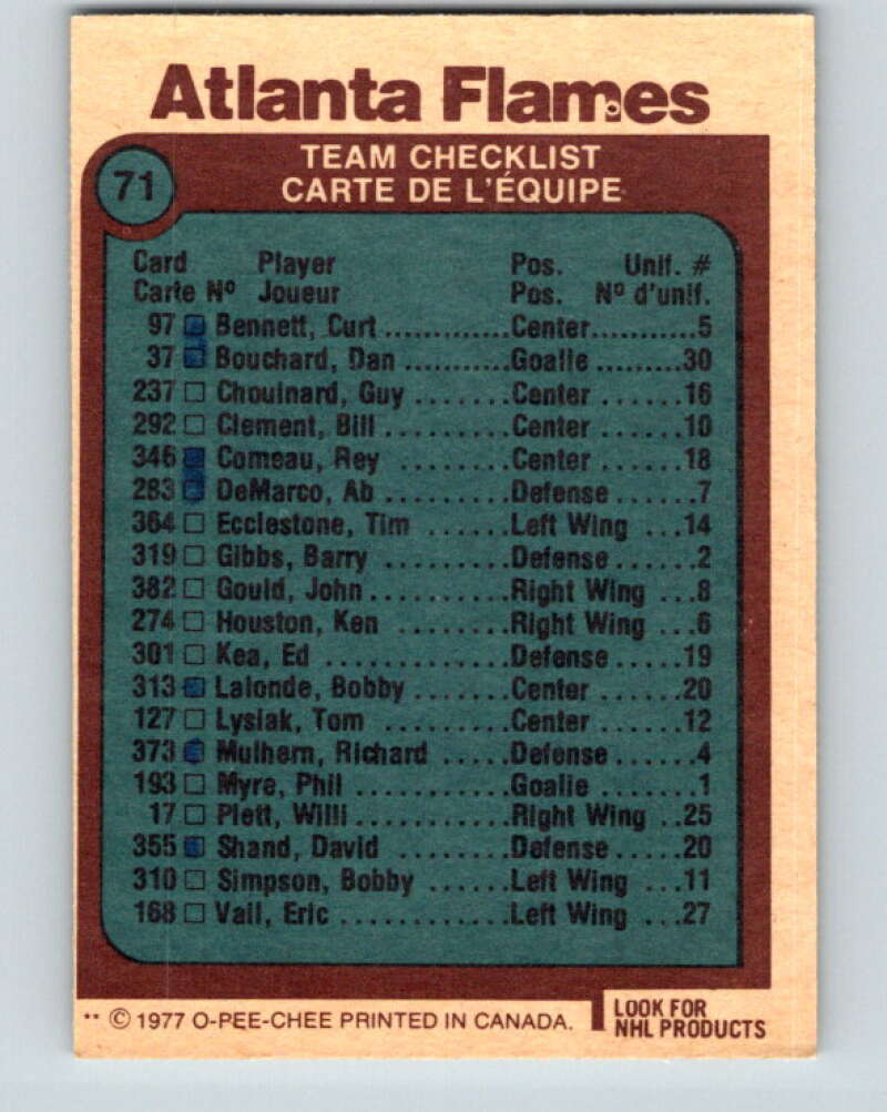 1977-78 O-Pee-Chee #71 Atlanta Flames Team Atlanta Flames V13408