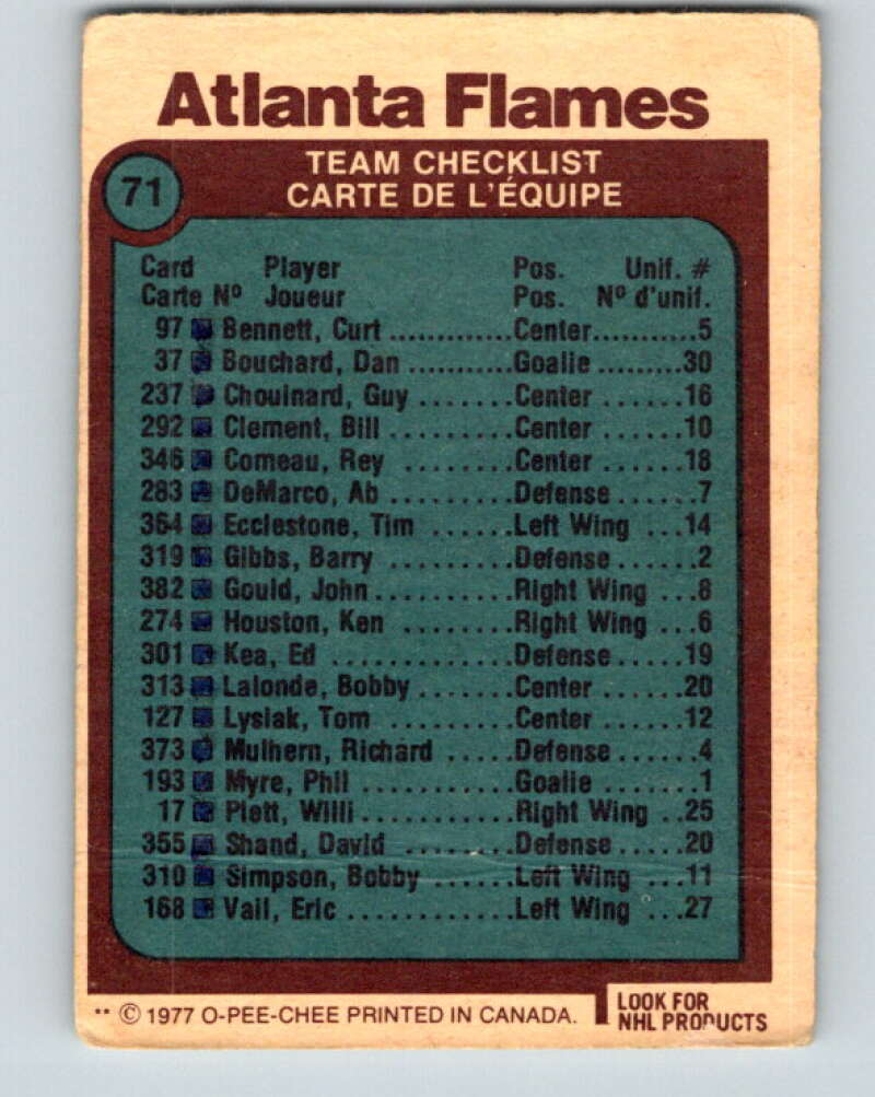 1977-78 O-Pee-Chee #71 Atlanta Flames Team Atlanta Flames V13409
