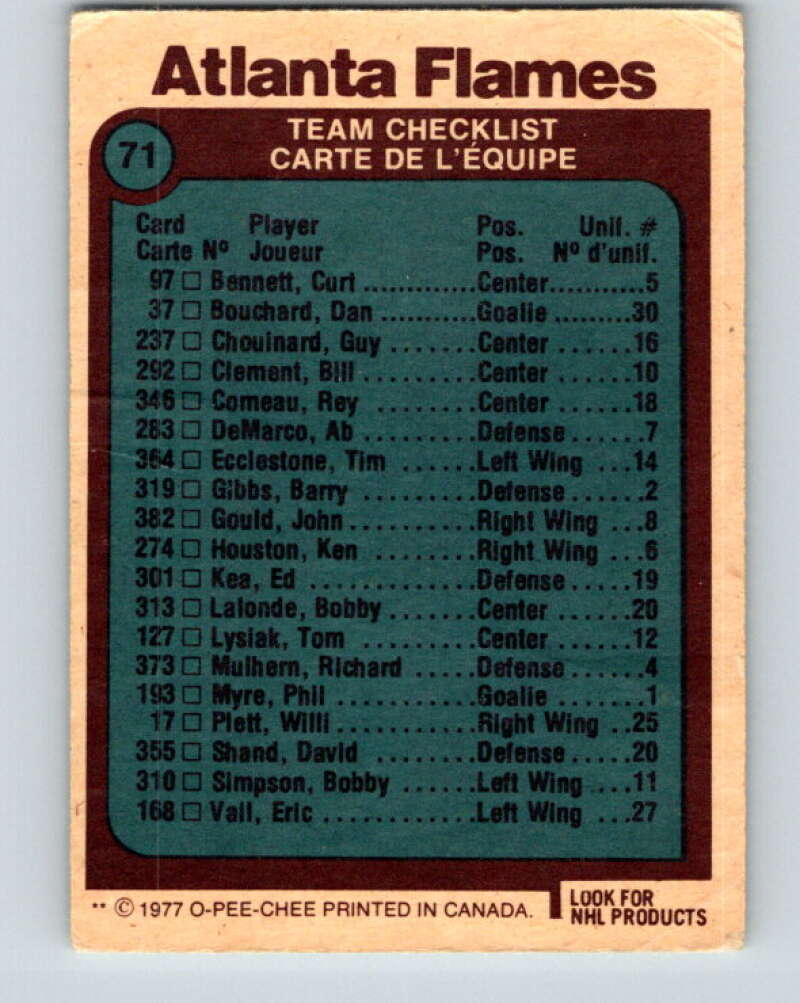 1977-78 O-Pee-Chee #71 Atlanta Flames Team Atlanta Flames V13411