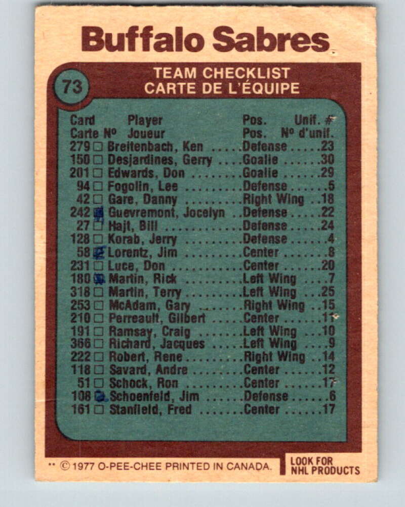 1977-78 O-Pee-Chee #73 Buffalo Sabres Team Buffalo Sabres V13413