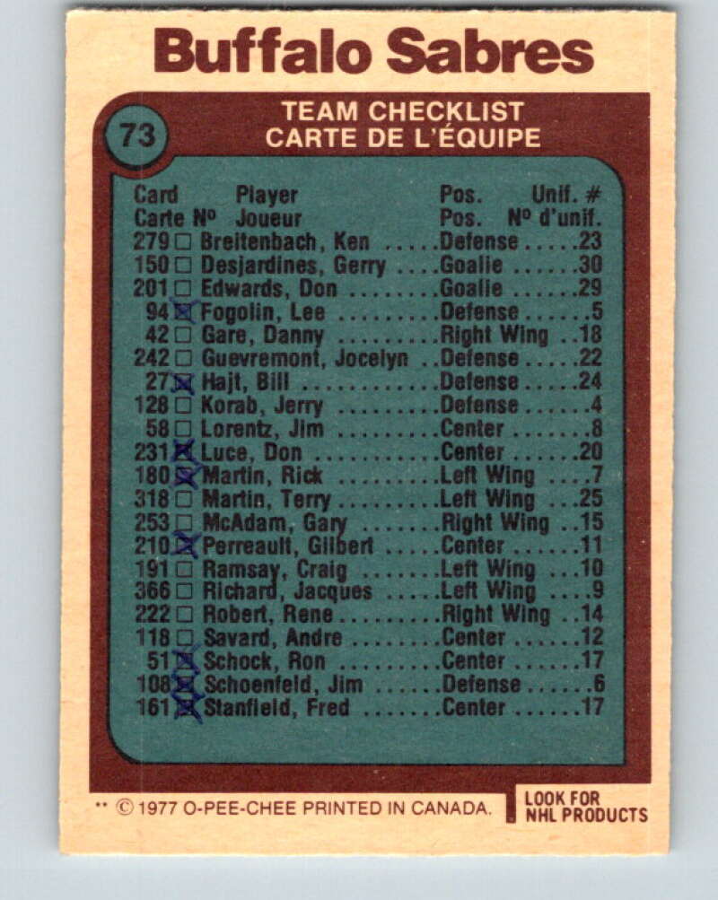 1977-78 O-Pee-Chee #73 Buffalo Sabres Team Buffalo Sabres V13415
