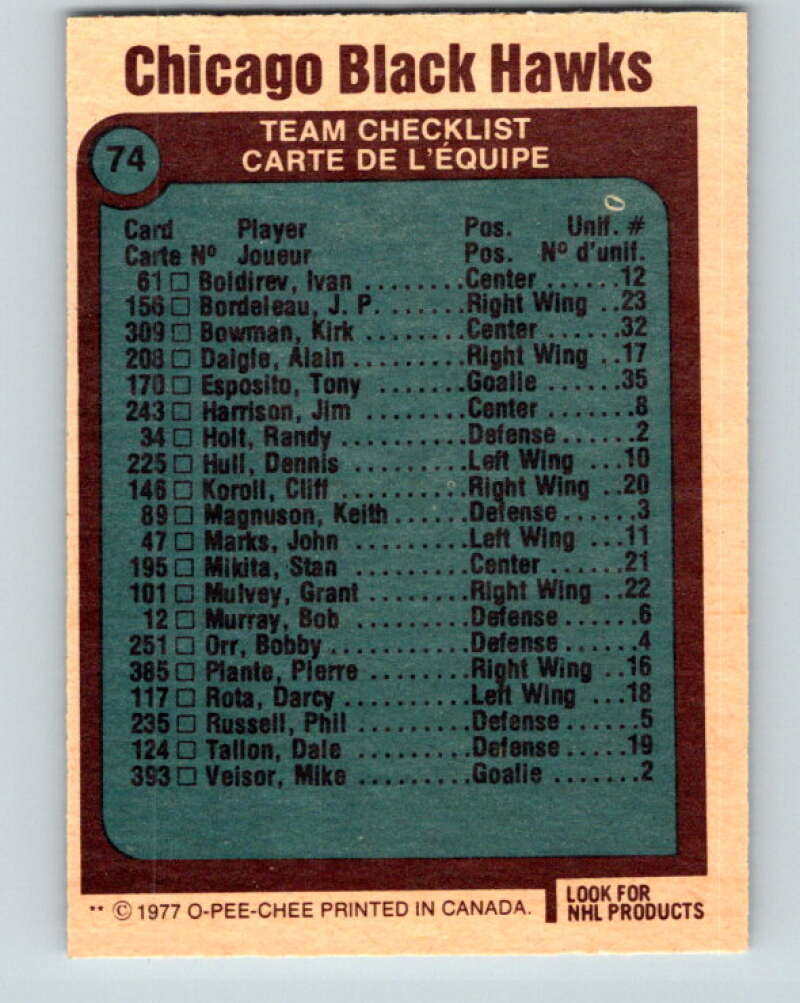 1977-78 O-Pee-Chee #74 Chicago Blackhawks Chicago Blackhawks V13421