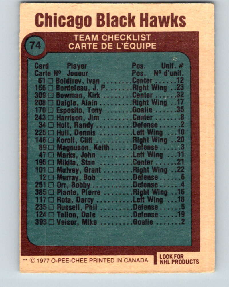 1977-78 O-Pee-Chee #74 Chicago Blackhawks Chicago Blackhawks V13422