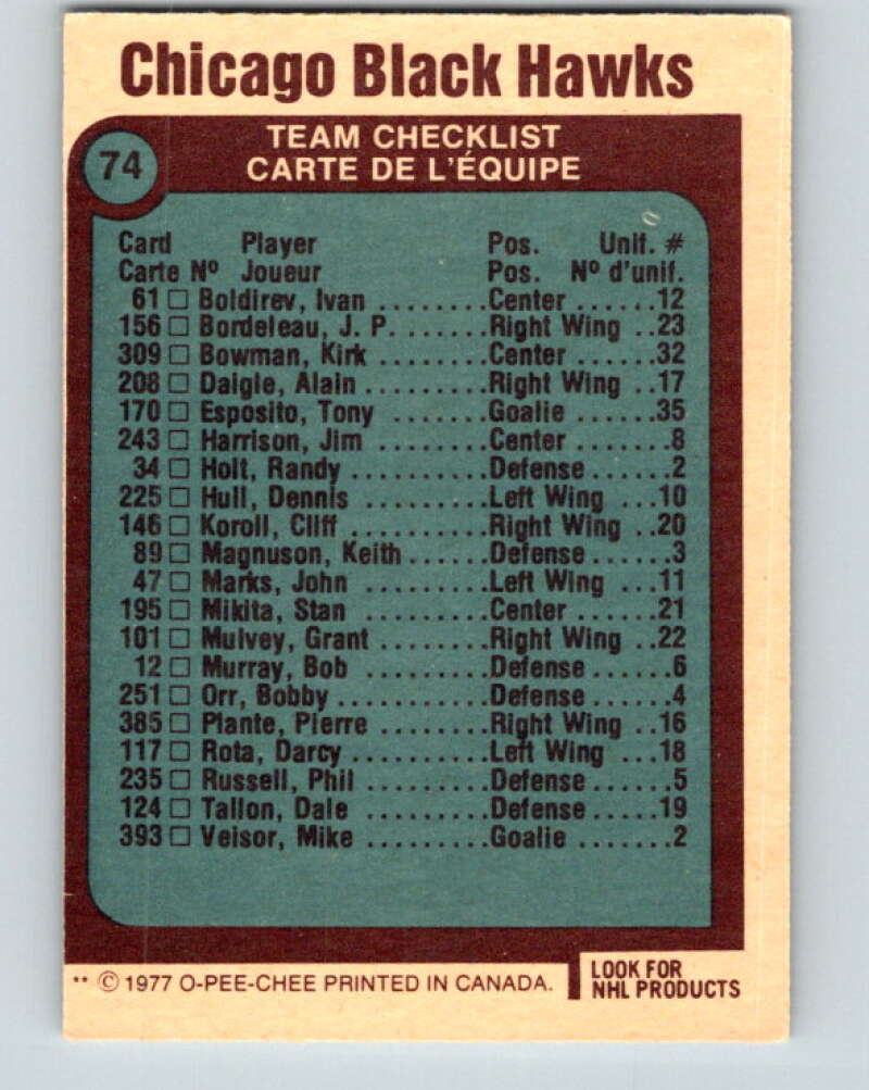 1977-78 O-Pee-Chee #74 Chicago Blackhawks Chicago Blackhawks V13423