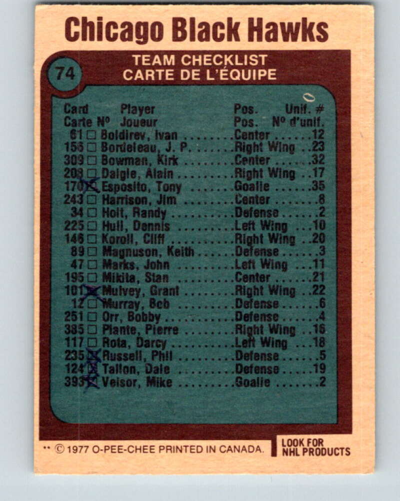 1977-78 O-Pee-Chee #74 Chicago Blackhawks Chicago Blackhawks V13424