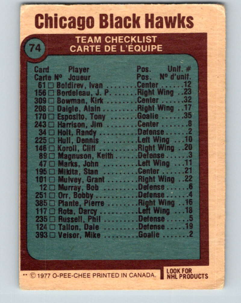 1977-78 O-Pee-Chee #74 Chicago Blackhawks Chicago Blackhawks V13425