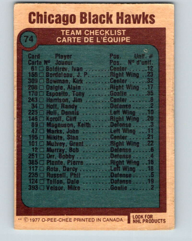 1977-78 O-Pee-Chee #74 Chicago Blackhawks Chicago Blackhawks V13426