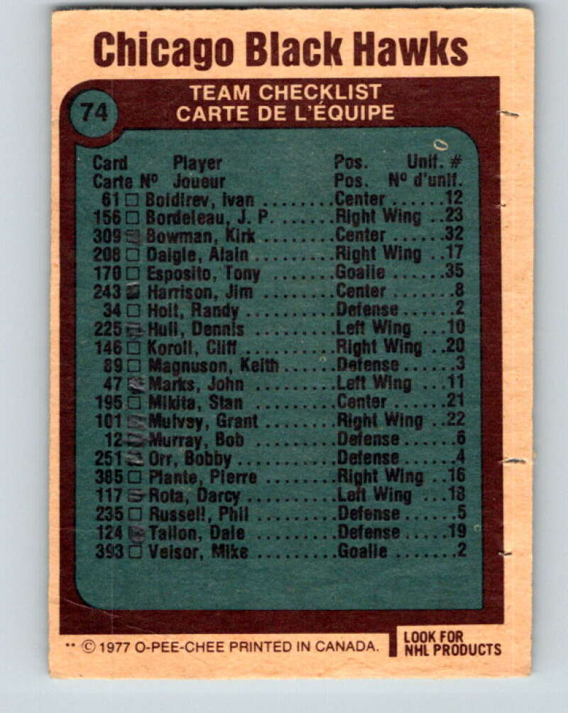 1977-78 O-Pee-Chee #74 Chicago Blackhawks Chicago Blackhawks V13427