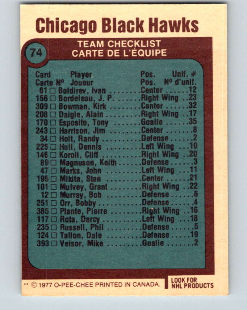 1977-78 O-Pee-Chee #74 Chicago Blackhawks Chicago Blackhawks V13428