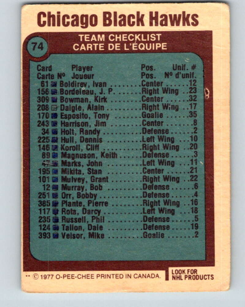 1977-78 O-Pee-Chee #74 Chicago Blackhawks Chicago Blackhawks V13429