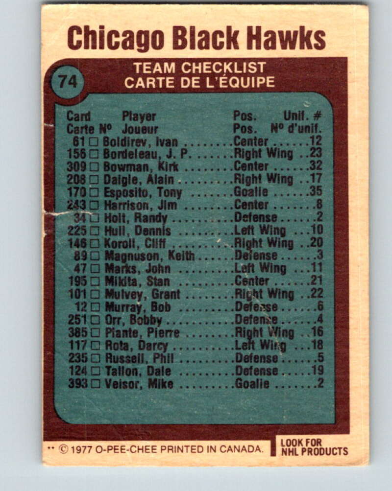 1977-78 O-Pee-Chee #74 Chicago Blackhawks Chicago Blackhawks V13430
