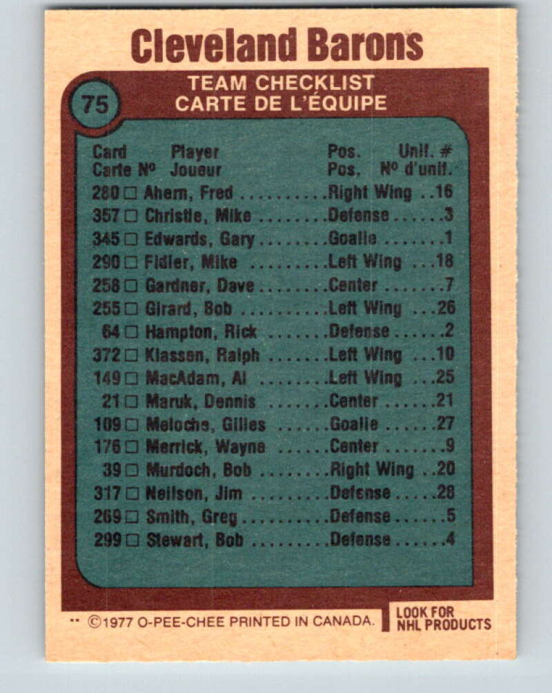 1977-78 O-Pee-Chee #75 Cleveland Barons Team Cleveland Barons V13432