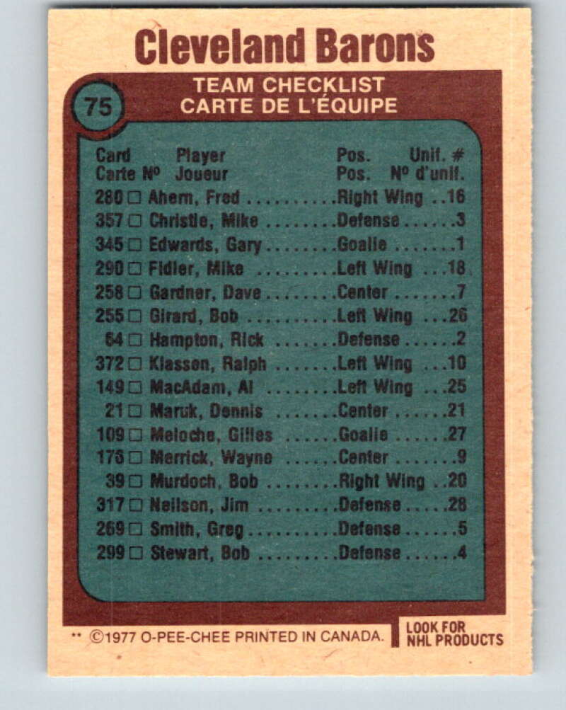 1977-78 O-Pee-Chee #75 Cleveland Barons Team Cleveland Barons V13433