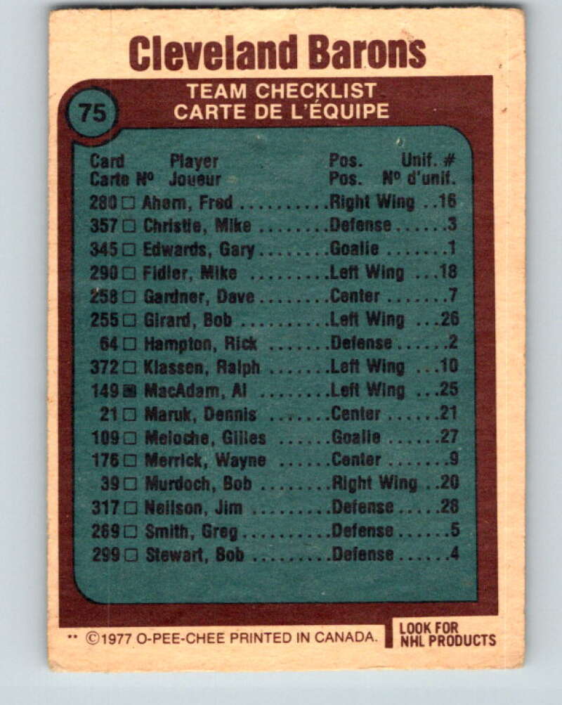 1977-78 O-Pee-Chee #75 Cleveland Barons Team Cleveland Barons V13434