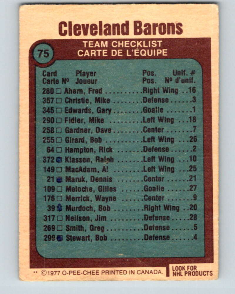 1977-78 O-Pee-Chee #75 Cleveland Barons Team Cleveland Barons V13435