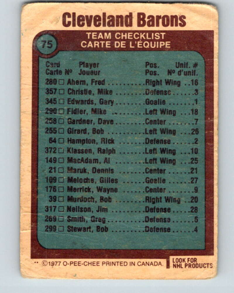 1977-78 O-Pee-Chee #75 Cleveland Barons Team Cleveland Barons V13437