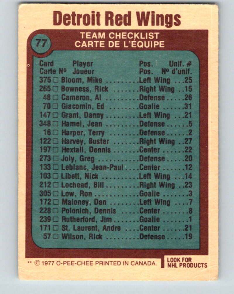 1977-78 O-Pee-Chee #77 Red Wings Team Detroit Red Wings V13441