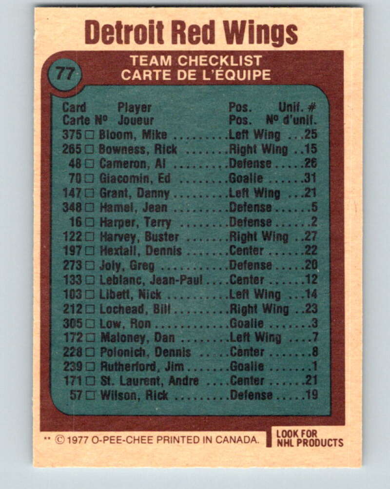 1977-78 O-Pee-Chee #77 Red Wings Team Detroit Red Wings V13442