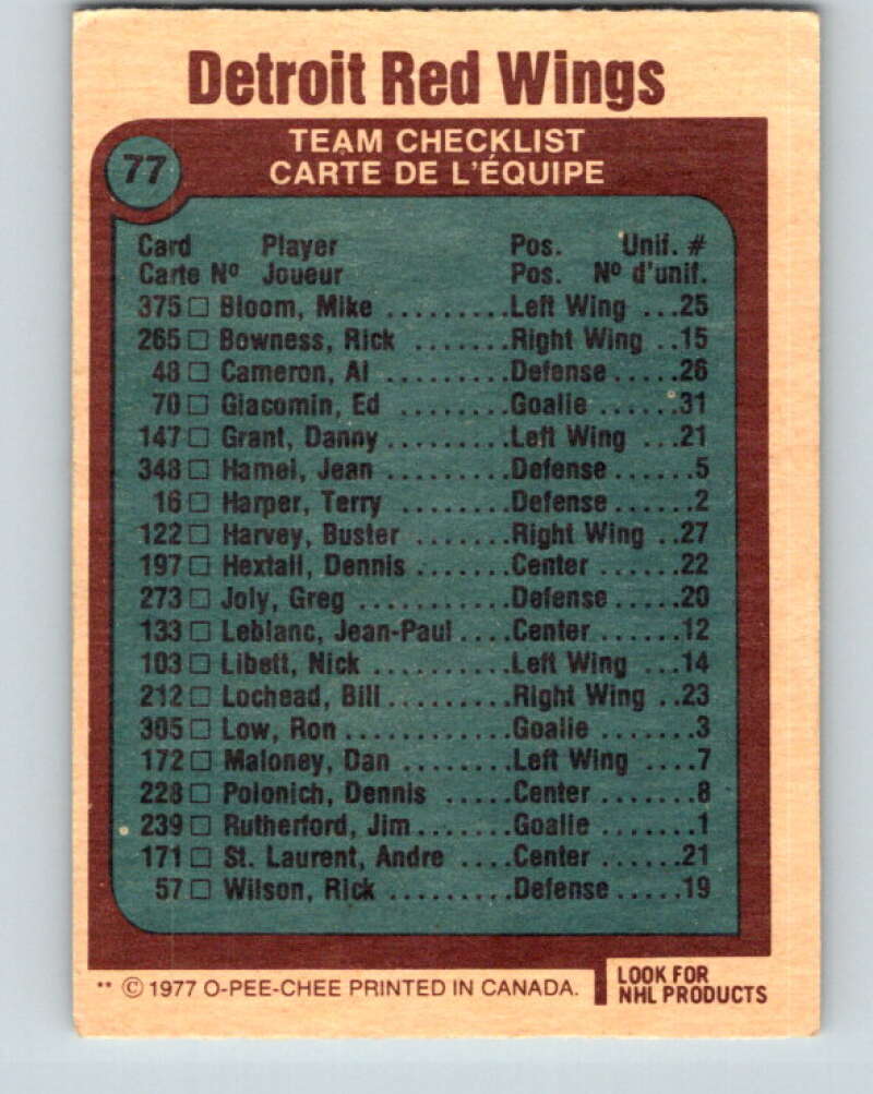1977-78 O-Pee-Chee #77 Red Wings Team Detroit Red Wings V13443
