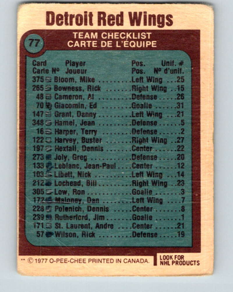 1977-78 O-Pee-Chee #77 Red Wings Team Detroit Red Wings V13444