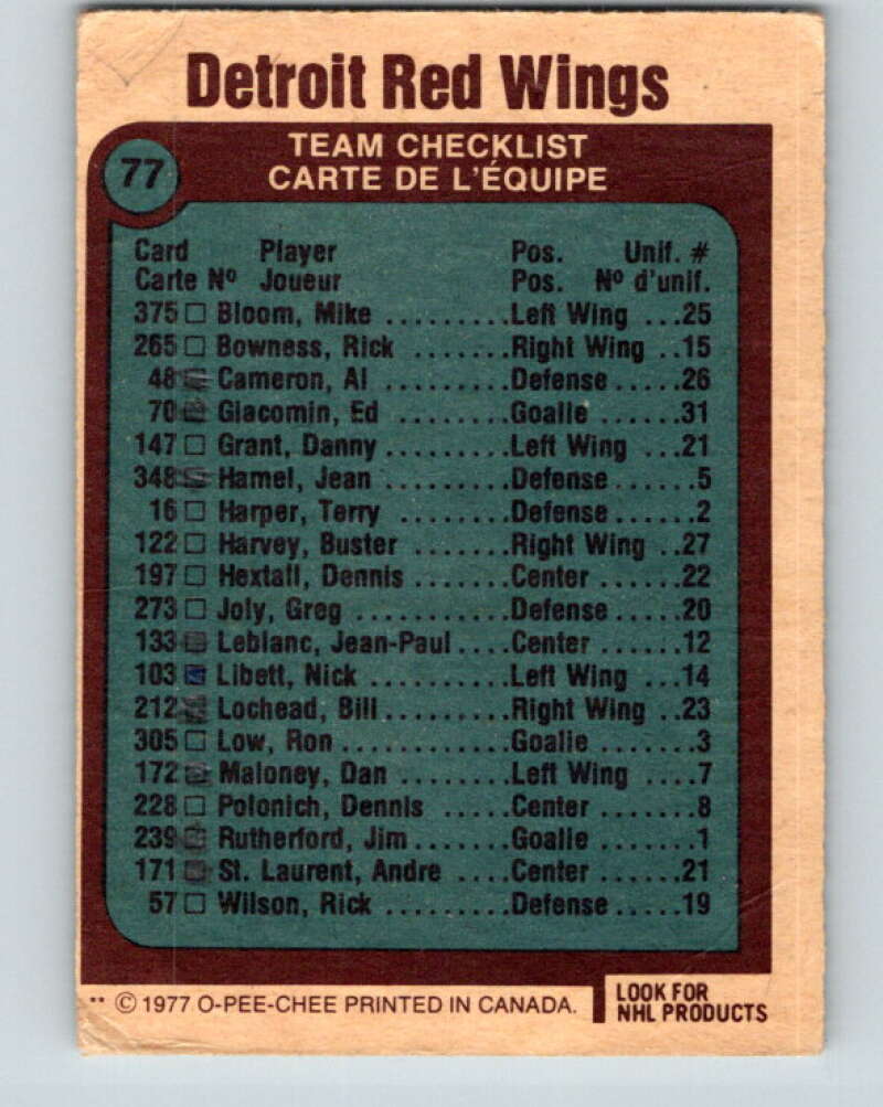 1977-78 O-Pee-Chee #77 Red Wings Team Detroit Red Wings V13445