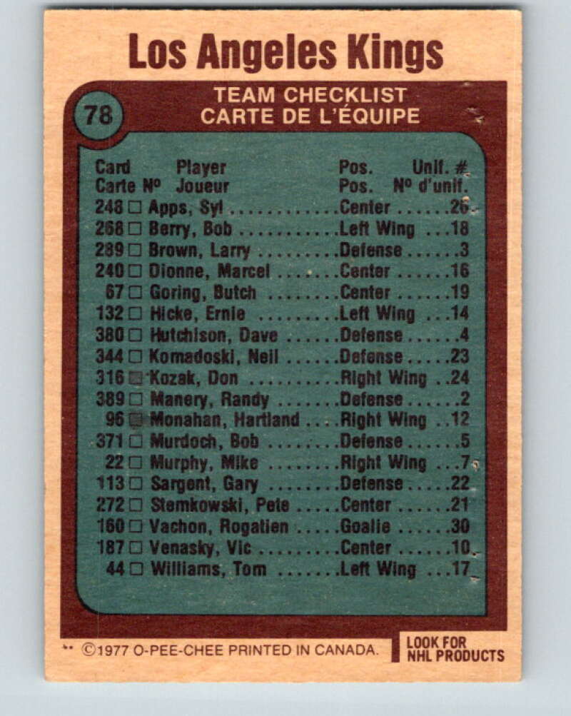 1977-78 O-Pee-Chee #78 Kings Team Los Angeles Kings V13446