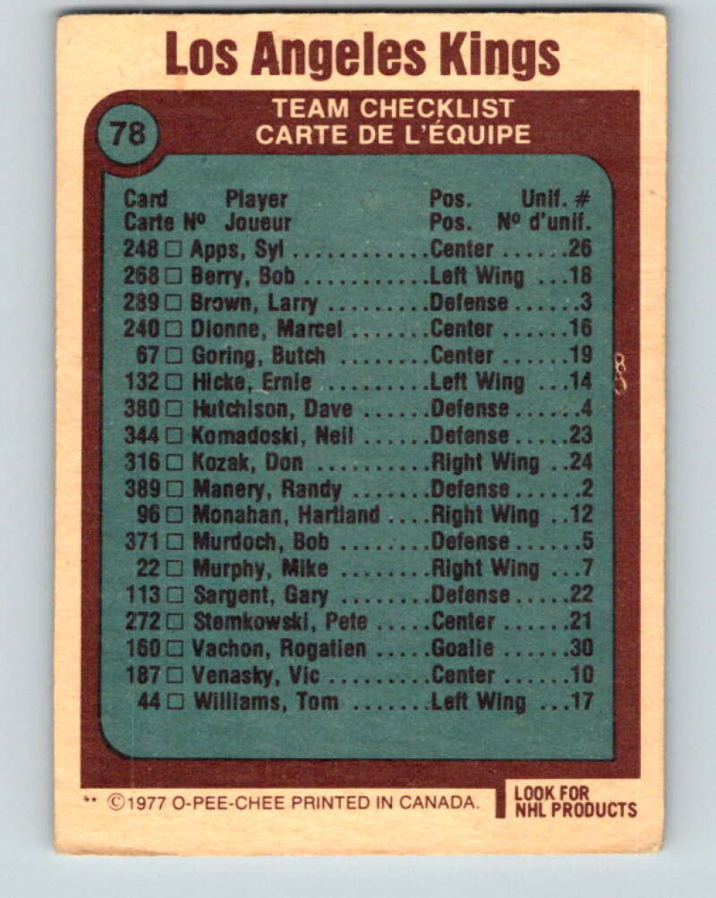 1977-78 O-Pee-Chee #78 Kings Team Los Angeles Kings V13447