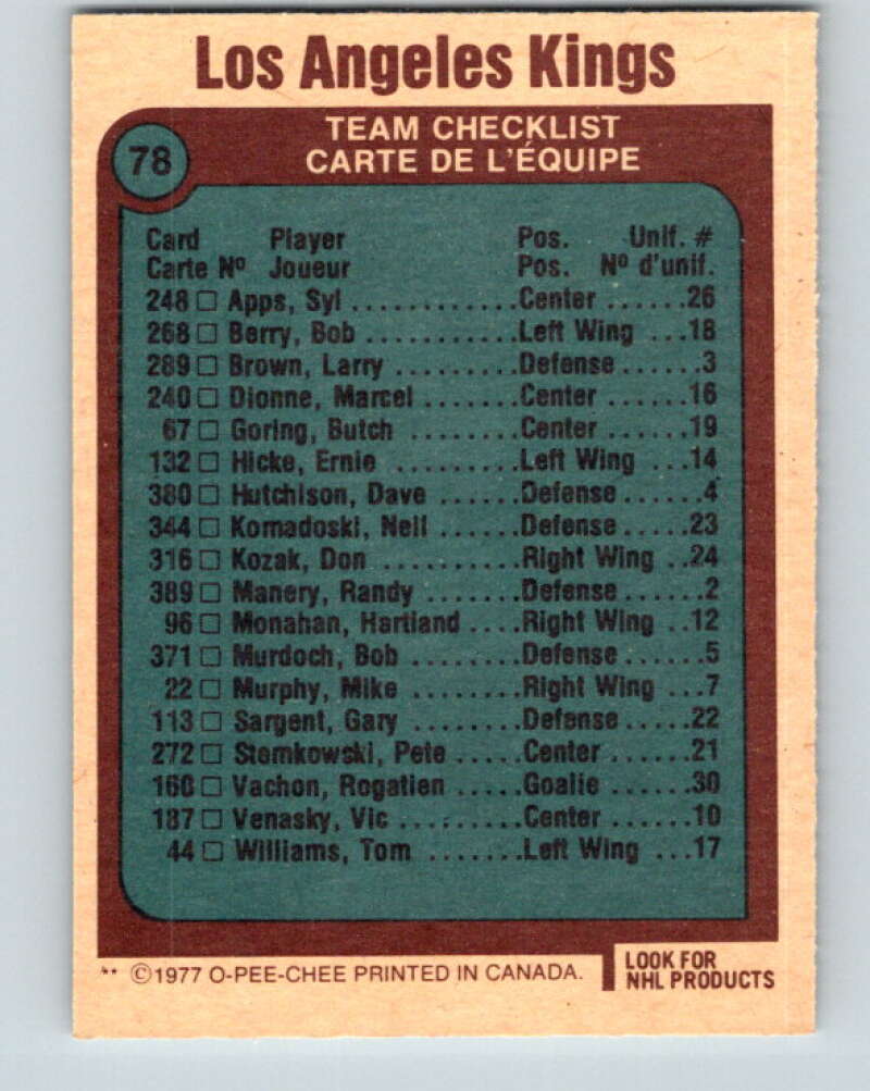 1977-78 O-Pee-Chee #78 Kings Team Los Angeles Kings V13448