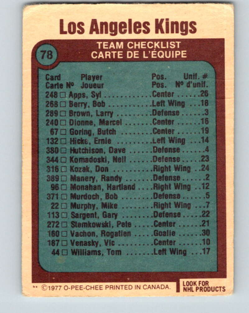 1977-78 O-Pee-Chee #78 Kings Team Los Angeles Kings V13450