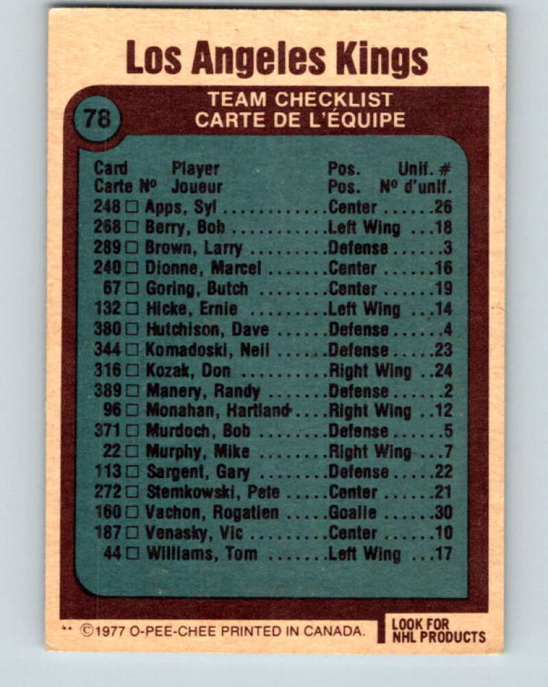 1977-78 O-Pee-Chee #78 Kings Team Los Angeles Kings V13451