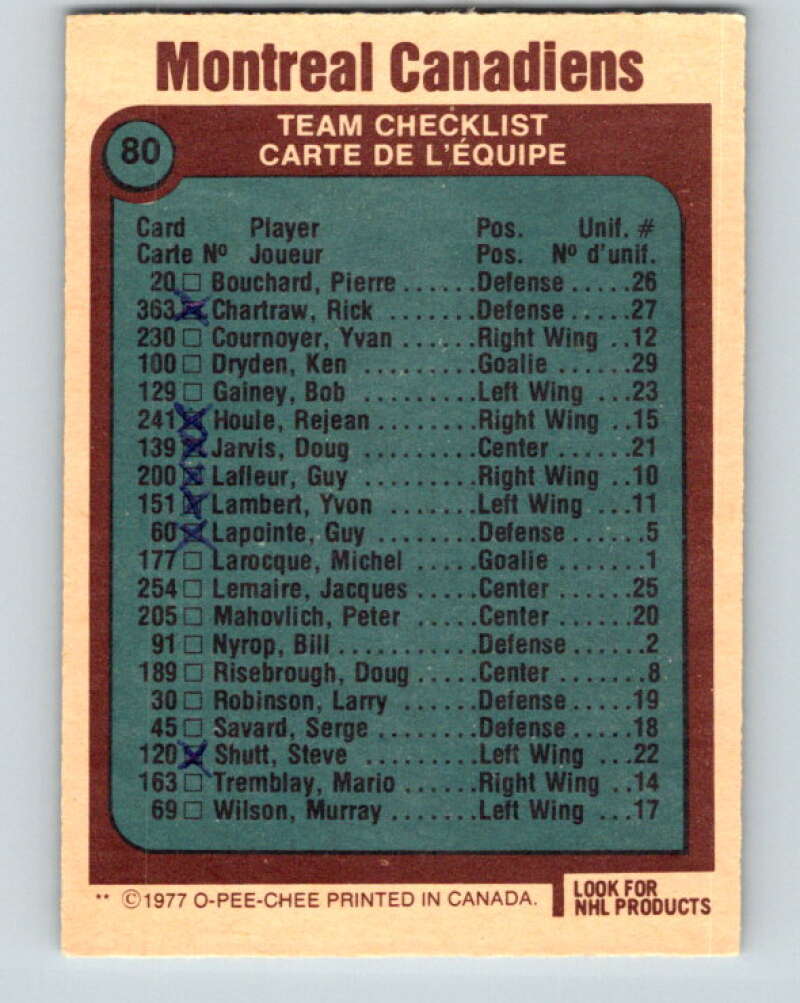 1977-78 O-Pee-Chee #80 Canadiens Team Montreal Canadiens V13456