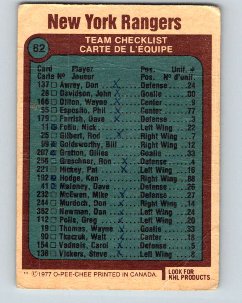 1977-78 O-Pee-Chee #82 Rangers Team New York Rangers V13466