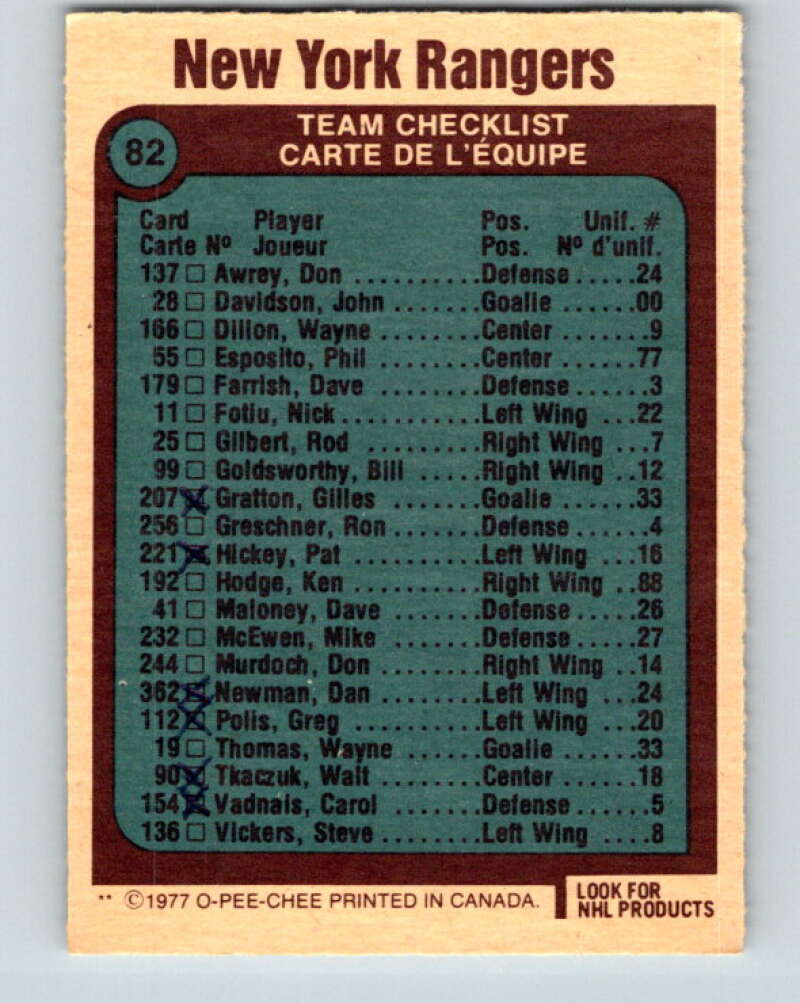 1977-78 O-Pee-Chee #82 Rangers Team New York Rangers V13467