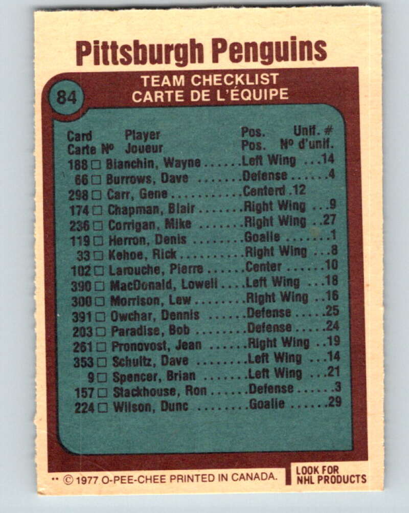 1977-78 O-Pee-Chee #84 Penguins Team Pittsburgh Penguins V13472