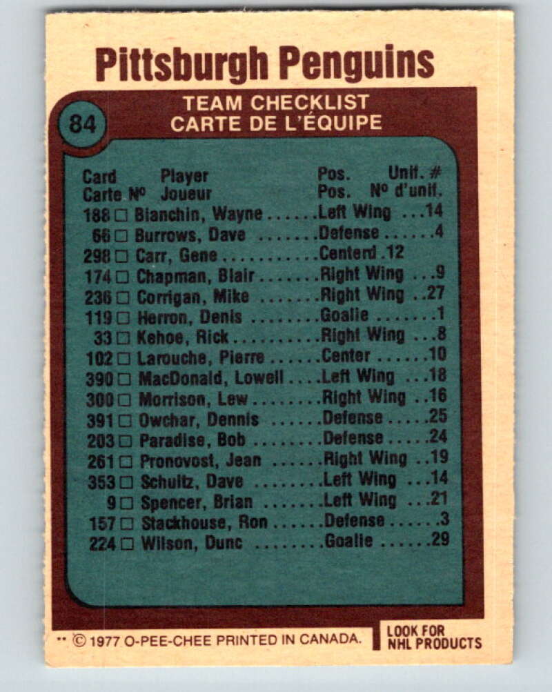 1977-78 O-Pee-Chee #84 Penguins Team Pittsburgh Penguins V13475