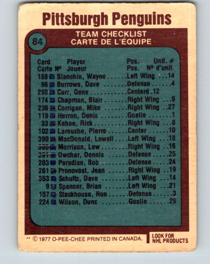 1977-78 O-Pee-Chee #84 Penguins Team Pittsburgh Penguins V13476