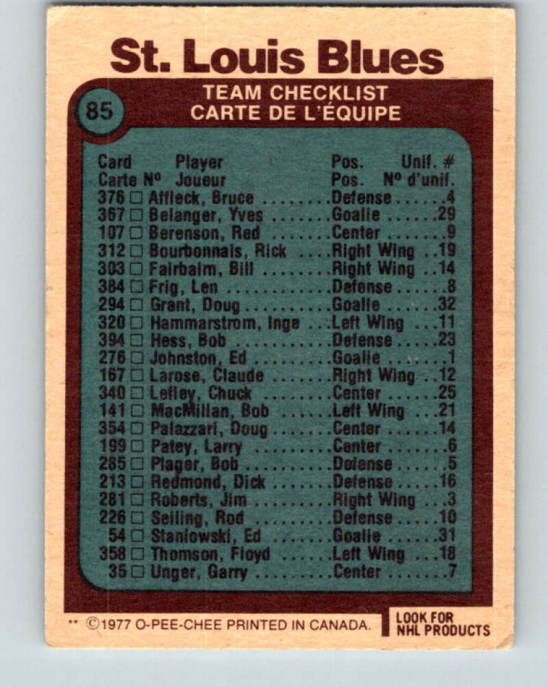 1977-78 O-Pee-Chee #85 Blues Team St. Louis Blues V13479