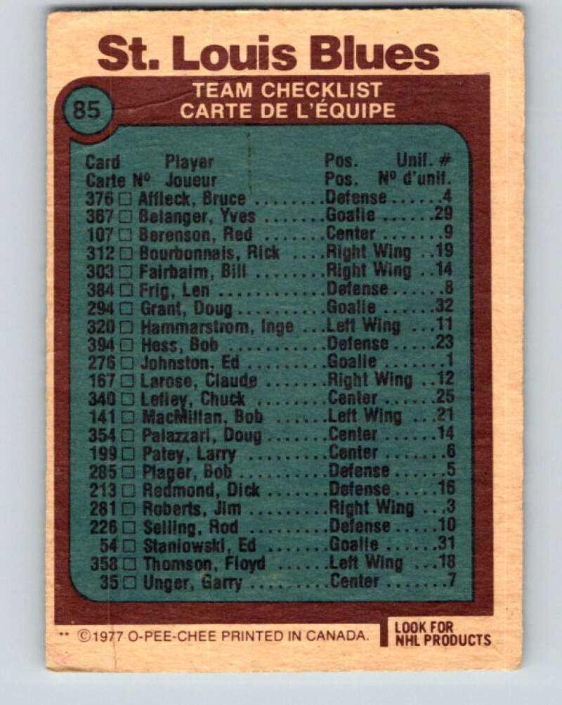 1977-78 O-Pee-Chee #85 Blues Team St. Louis Blues V13480