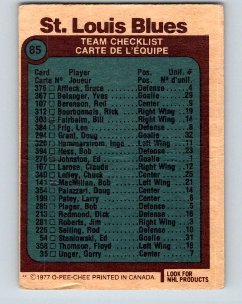 1977-78 O-Pee-Chee #85 Blues Team St. Louis Blues V13481