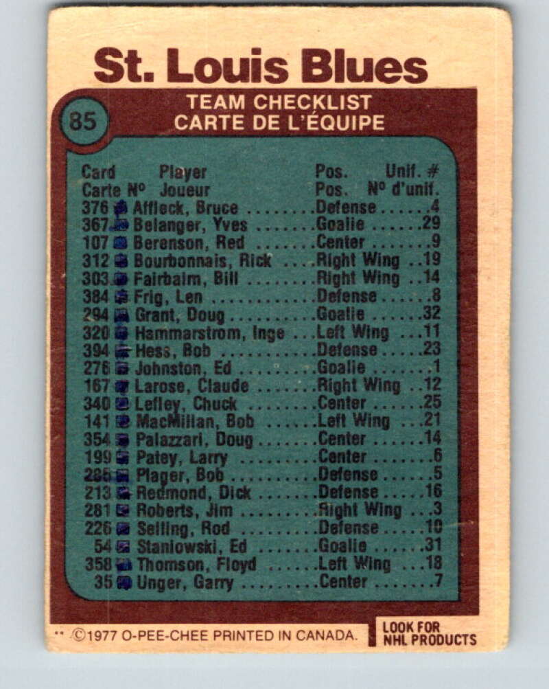 1977-78 O-Pee-Chee #85 Blues Team St. Louis Blues V13483