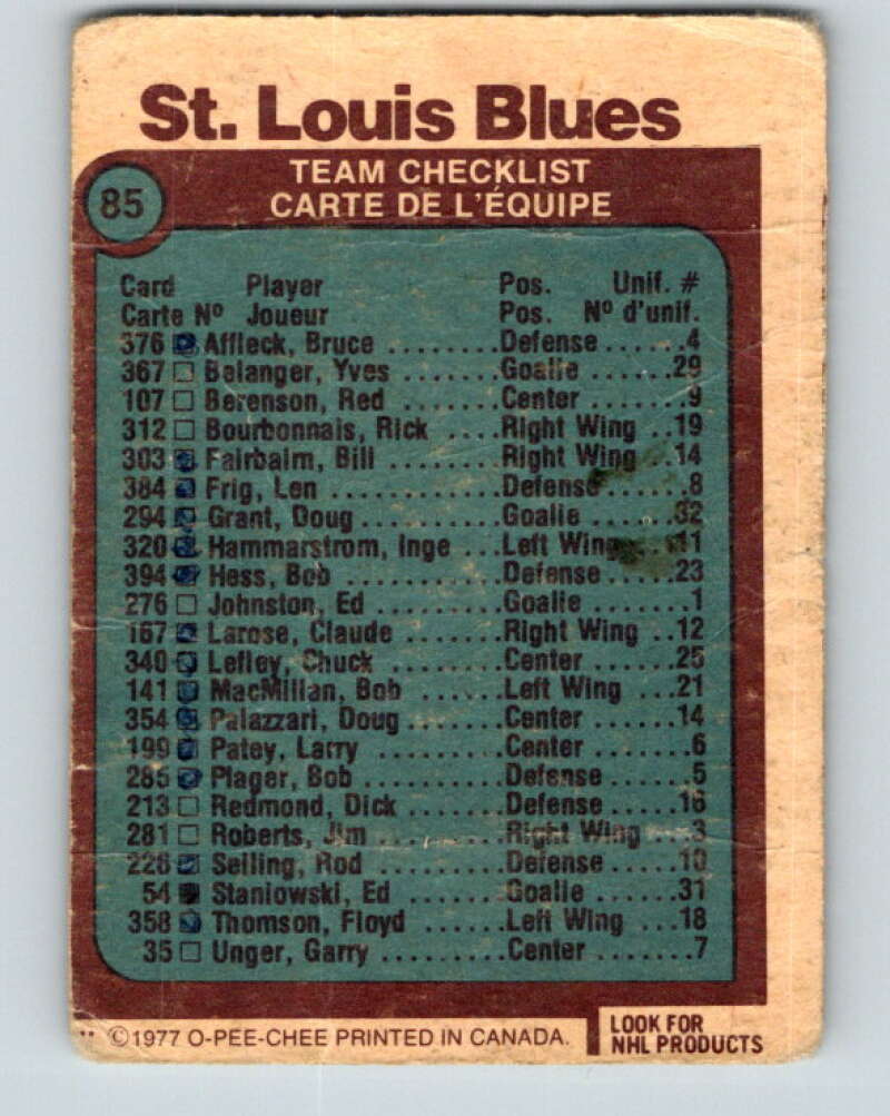 1977-78 O-Pee-Chee #85 Blues Team St. Louis Blues V13484