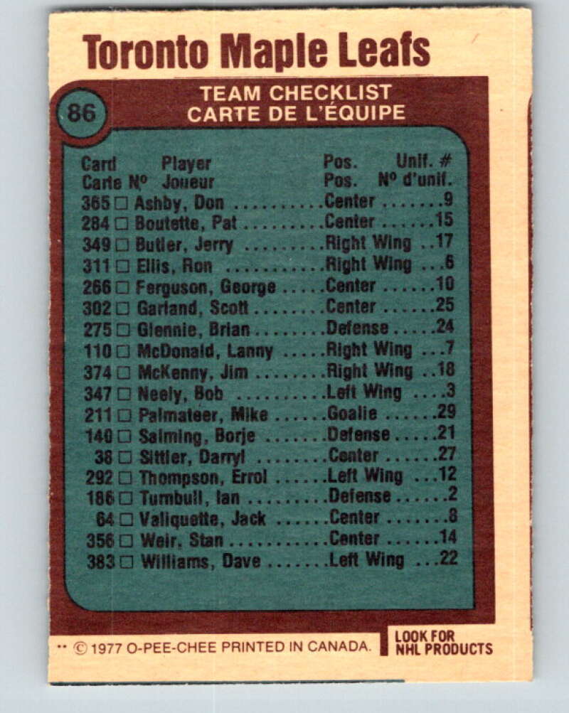 1977-78 O-Pee-Chee #86 Maple Leafs Team Toronto Maple Leafs V13485