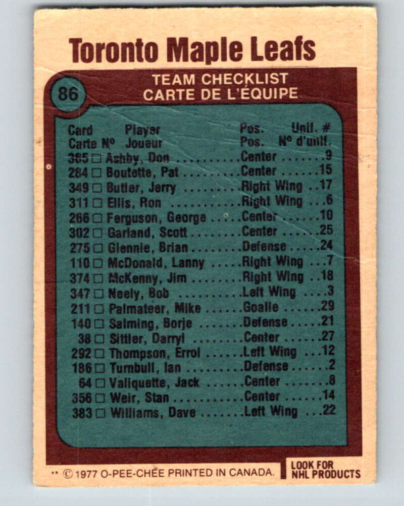 1977-78 O-Pee-Chee #86 Maple Leafs Team Toronto Maple Leafs V13486