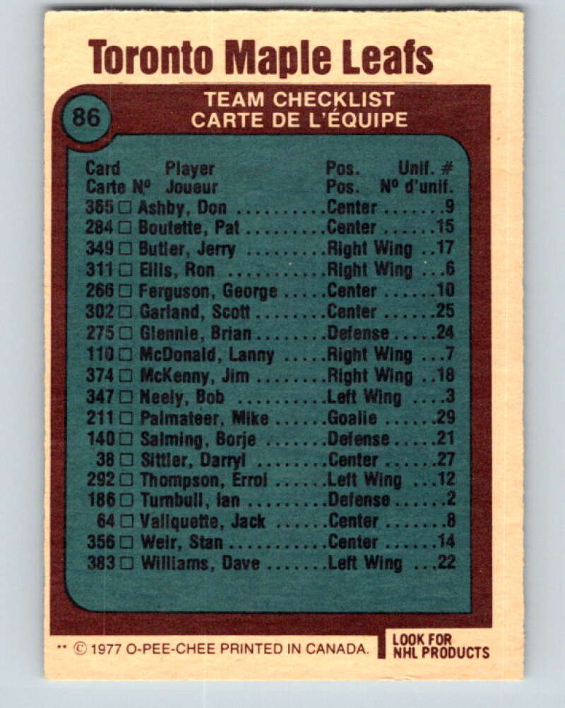 1977-78 O-Pee-Chee #86 Maple Leafs Team Toronto Maple Leafs V13487