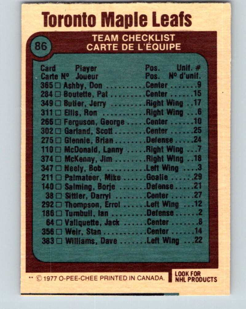 1977-78 O-Pee-Chee #86 Maple Leafs Team Toronto Maple Leafs V13488