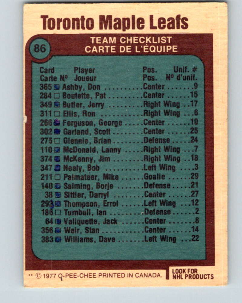 1977-78 O-Pee-Chee #86 Maple Leafs Team Toronto Maple Leafs V13489