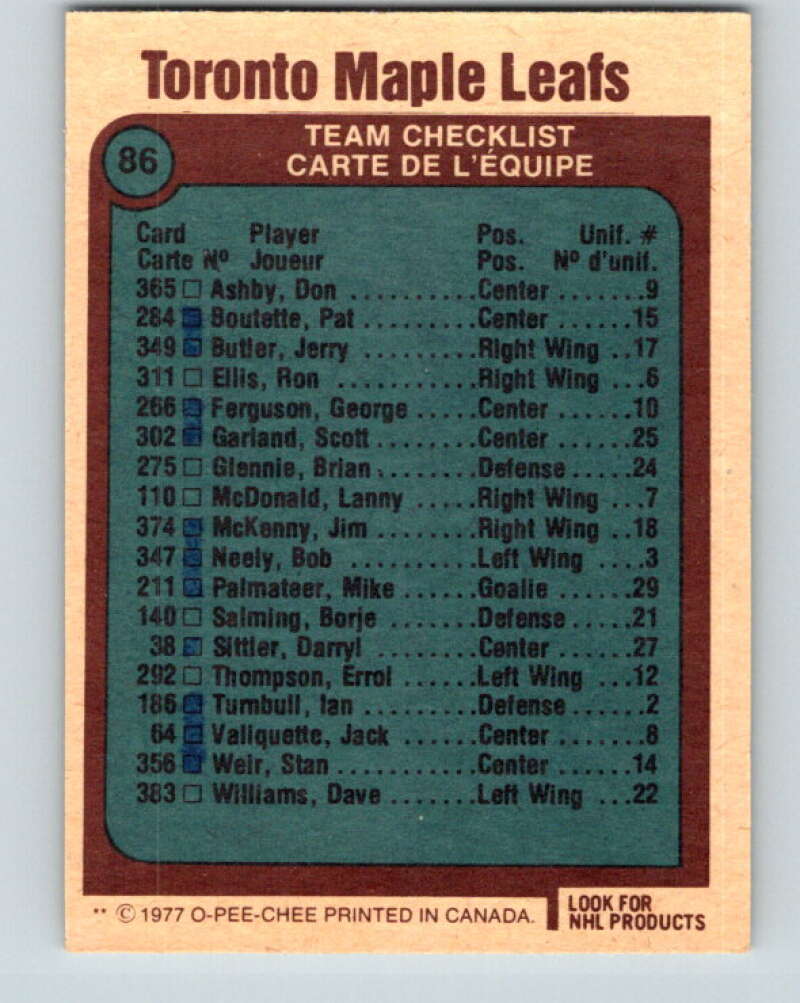 1977-78 O-Pee-Chee #86 Maple Leafs Team Toronto Maple Leafs V13490