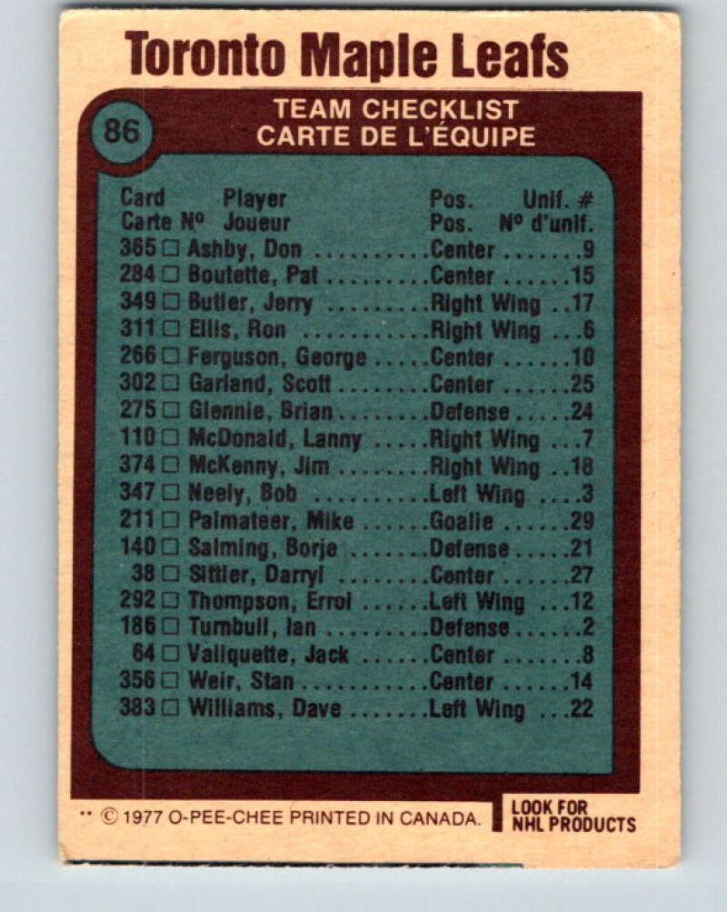 1977-78 O-Pee-Chee #86 Maple Leafs Team Toronto Maple Leafs V13491