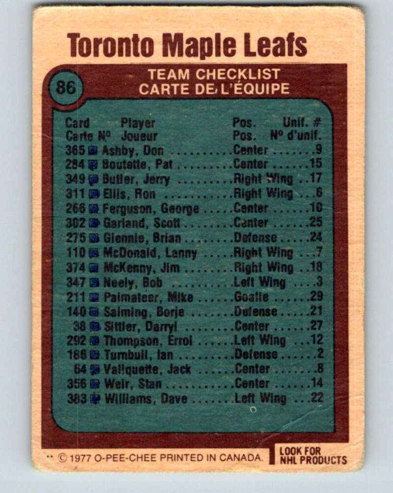 1977-78 O-Pee-Chee #86 Maple Leafs Team Toronto Maple Leafs V13492
